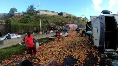 Caminhão carregado de frutas vira na BR-324 — Foto: Reprodução/TV Bahia